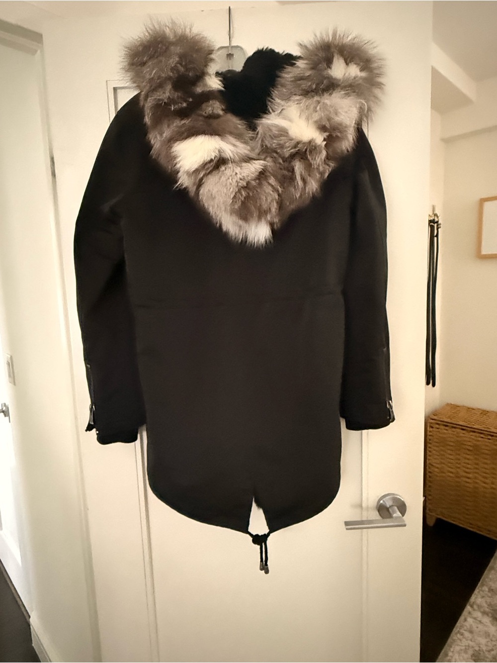 Black Women's Parka with Faux Fur Trim Hood